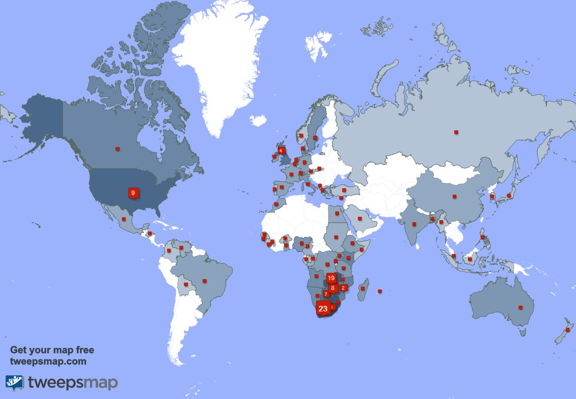 sadcwater's tweet photo. My followers are in South Africa(23%), Zambia(19%)... Get your map too: https://t.co/i7jgElzDfG https://t.co/TJqqAzFtFn