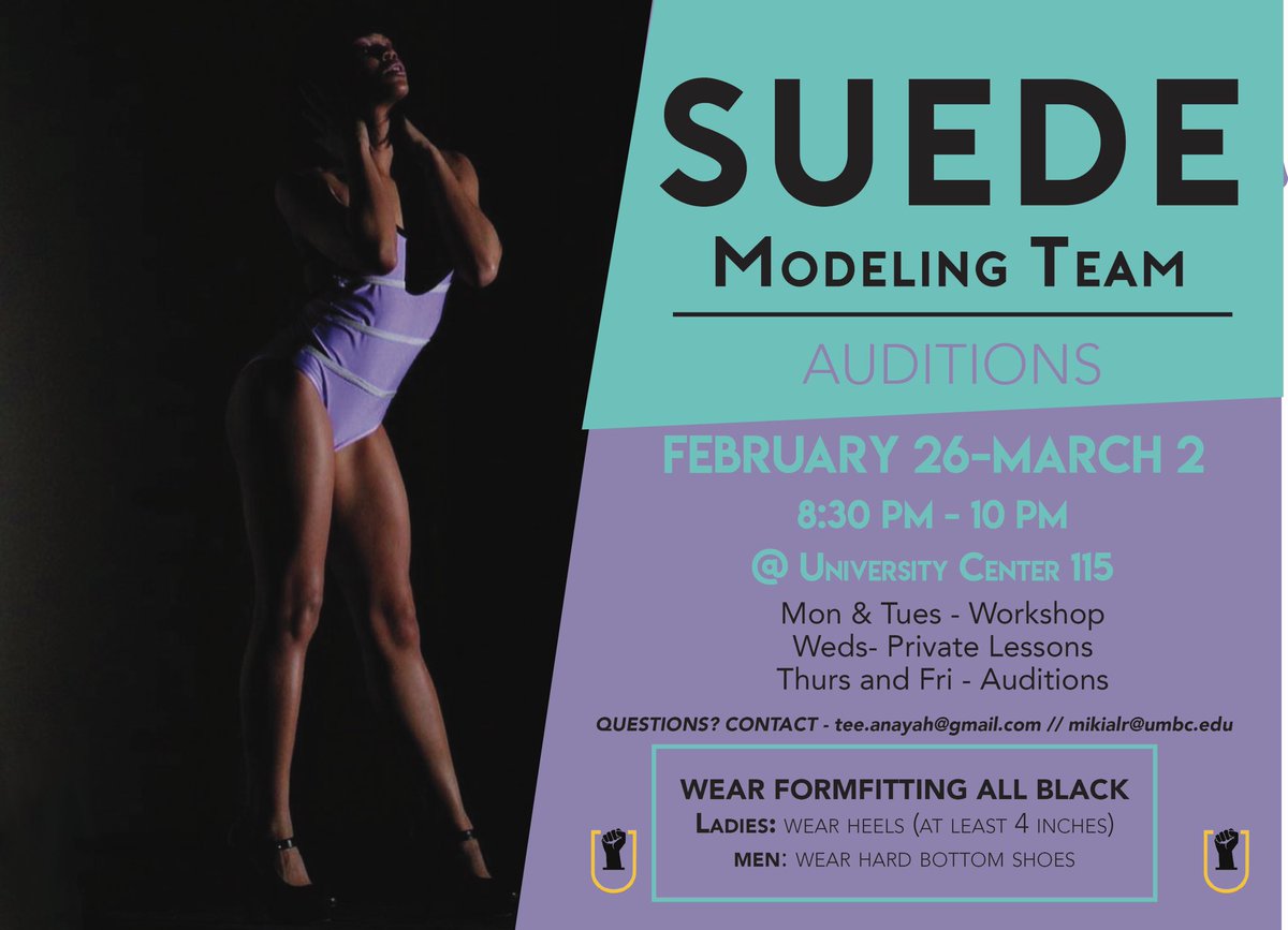 UMBC_BSU's tweet photo. 💛💜🖤SUEDE Models🖤💜💛 We are looking for fresh/new faces to hit our runways! So if you think you got what it takes come tryout March 1st and 2nd!!
#suedemodels #suede #modelingauditions #umbc 👠
Need a lil' help? We gotchu! Come to our workshops
Dm for questions. https://t.co/8aN2t61E4m