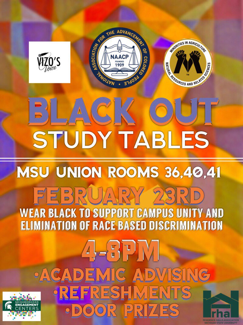 MSURHA's tweet photo. @MSU_NAACP Don't forget Blackout Study tables are happening today at the MSU Union at 4pm! https://t.co/kjcSQzFfnG