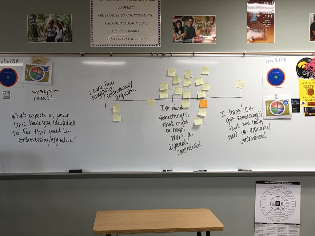 BarlowAllison's tweet photo. As students are working to complete research, we took some time to reflect on if they are finding controversial aspects of their topics so they can write arguable thesis statements. #6thhumanities #7thhumanities #johnstonlearns https://t.co/IgQUHBW7Je