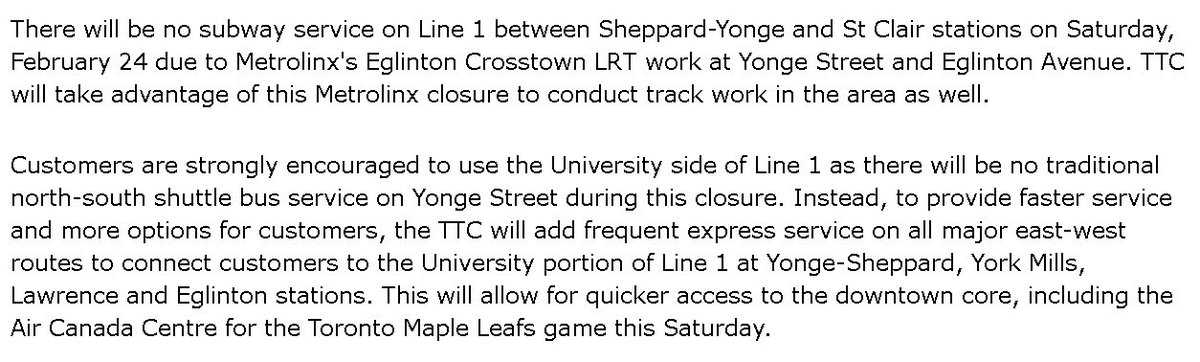 No subways, no shuttle buses tomorrow!
Well, I always head to the other line anyways, but this is quite something.

#TTC #Toronto #Transit
ttc.ca/Service_Adviso…