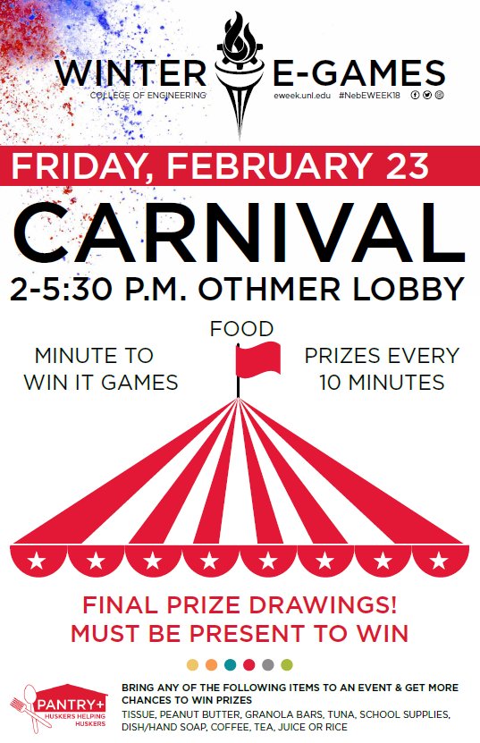 UNLeSAB's tweet photo. Carnival toady in Othmer Lobby for minute to win it games, food, and raffle prizes. Prizes drawn every ten minutes (must be present win). Tomorrow is our final event, E-lympics! Sign-up today by 5 pm, teams must include at least 1 engineer.
#NebEWeek18 https://t.co/IJxWrZXYGv
