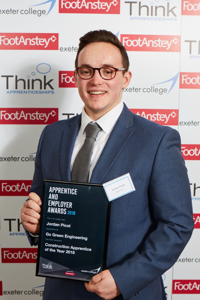 ExeApprentices2's tweet image. Congratulations to Jordan Picot from @GoGreenEngineer who won #Construction Apprentice of the Year Award last night at our #Apprentice and Employer Awards 2018. Well done Jordan @ExeterCollege @FootAnstey#ExeCollProud