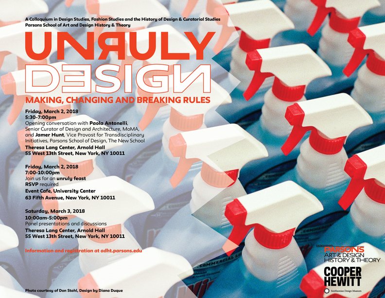 The inaugural Parsons ADHT symposium, Unruly Design, will take place next Friday and Saturday, March 2 and 3! Click the link for more details and registration information: bit.ly/2DPj2G0