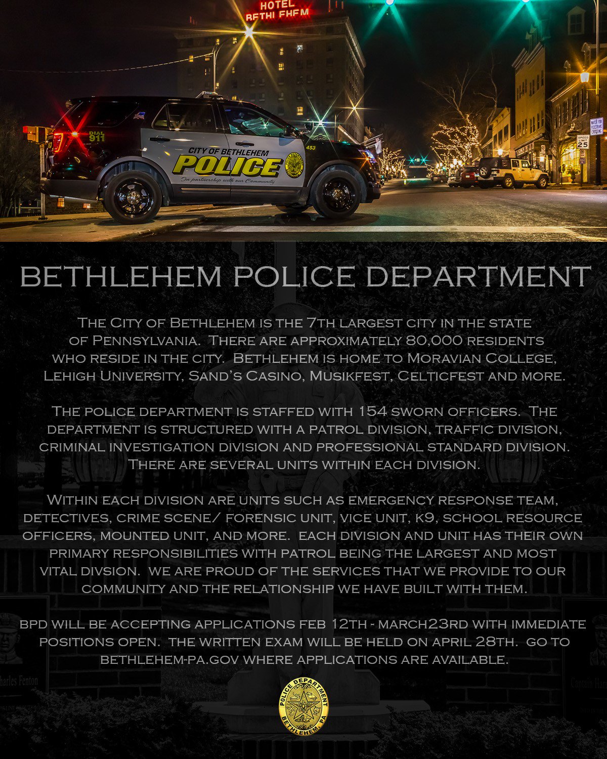 Bethlehem Police on Twitter "Police Hiring Spread the word!…