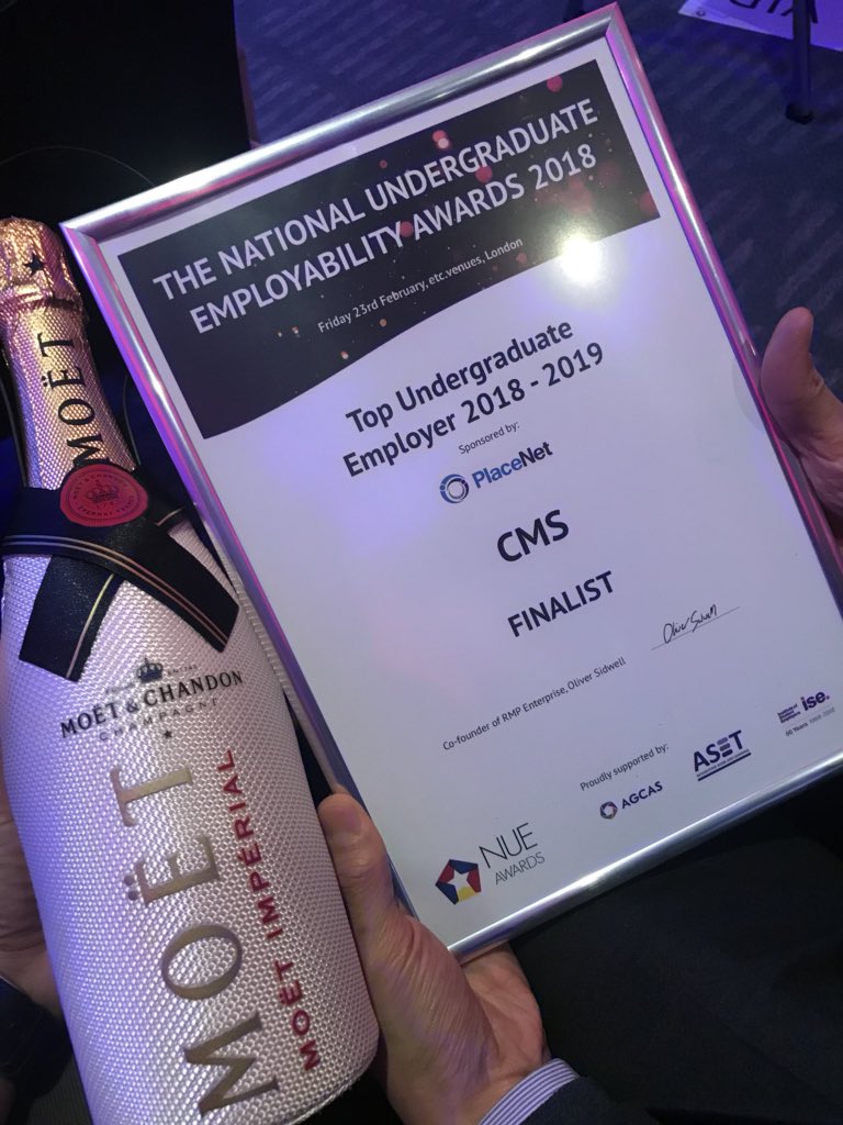 CMSEarlyTalent's tweet photo. We’ve been voted 2nd best undergraduate employer out of 100 top employers at #NUEawards this evening 🎉!! Thanks everyone for voting for us! #TeamCMS #YourWorldFirst @CMS_law https://t.co/yAoas6PpSb