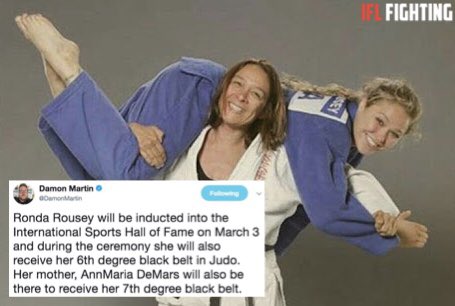 IFLfighting's tweet photo. Mother-daughter duo @RondaRousey &amp; mom will be honored into the Int.Sports Hall of Fame &amp; some!🥋🏆
#rondarousey #doubletrouble #HOF #ufc #mma https://t.co/fEaaO2oFwU