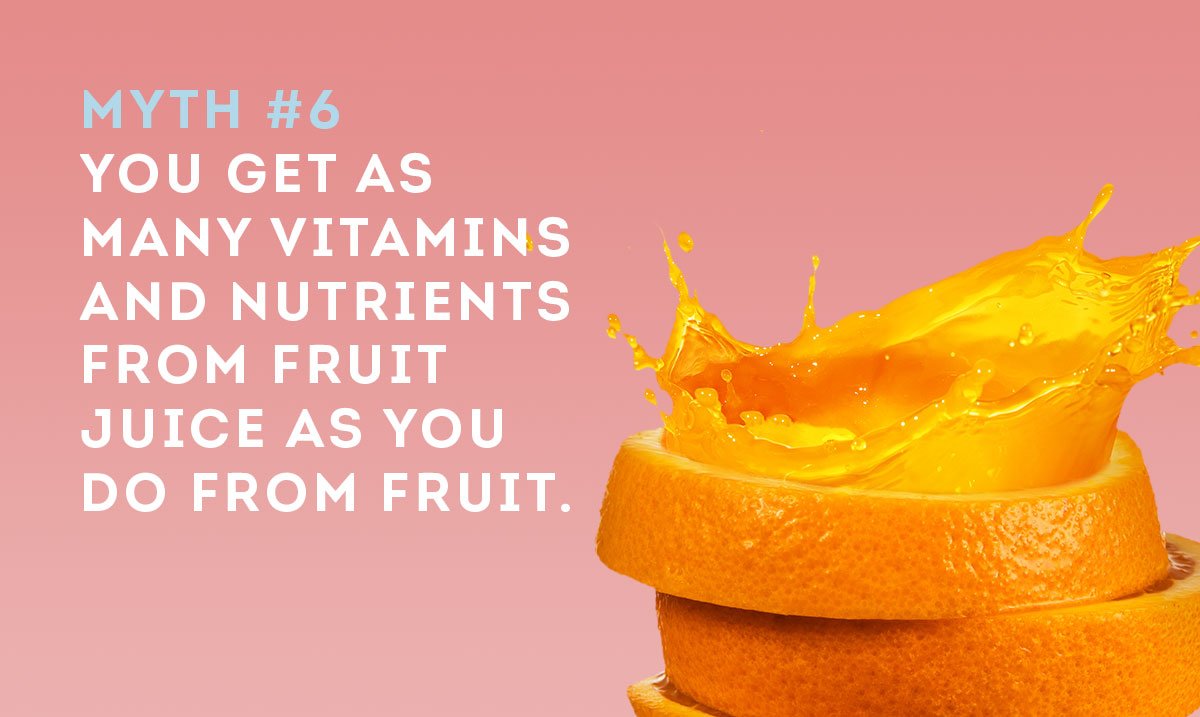 Not true even if the juice is highest quality, labelled as '100% pure' and 'not from concentrate'. 😞 Once it's squeezed for production, most of the good stuff is lost. So next time, just eat the whole fruit - you get all the nutrients found naturally in it. 🍎🍊 #FactsAndMyths