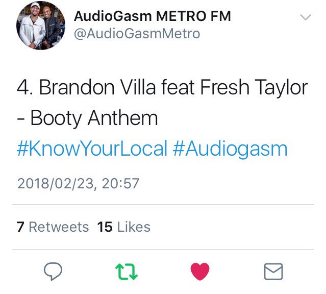 TechnodeepSA's tweet image. #KnowYourLocal #Audiogasm 

@BrandonVillaSA Feat. @FreshTaylor_SA - Booty Anthem on @METROFMSA #KnowYourLocal 
🍑🍑🍑🔥