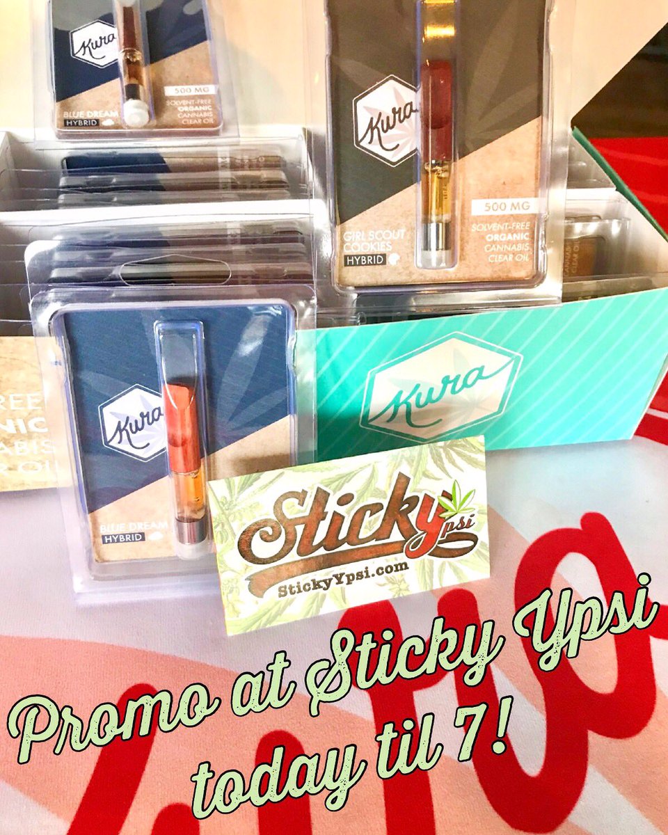 KuraClear's tweet photo. Come see us today at @StickyYpsi !! Promo is onnnnn! π―πβπ#kuraclear #cartridges #michiganmade #madeinmichigan #bluedream #gelato π¨#girlscoutcookies #granddaddypurp #sourdiesel #thinmintcookies ππͺ #traversecitycherry ππ #indica #sativa #hybrid #vape #vapefam #vapeon https://t.co/wdLVdRvb6J