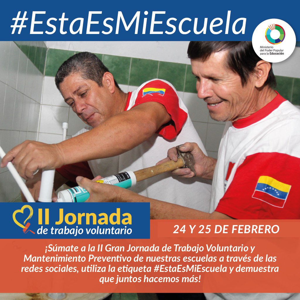 mineducacion_ve's tweet photo. Actívate y participa en la II Gran Jornada de Mantenimiento Voluntario a realizarse este #24Feb y #25Feb, para mantener la planta física de nuestras instituciones educativas #EstaEsMiEscuela https://t.co/OH7gVYSsn9