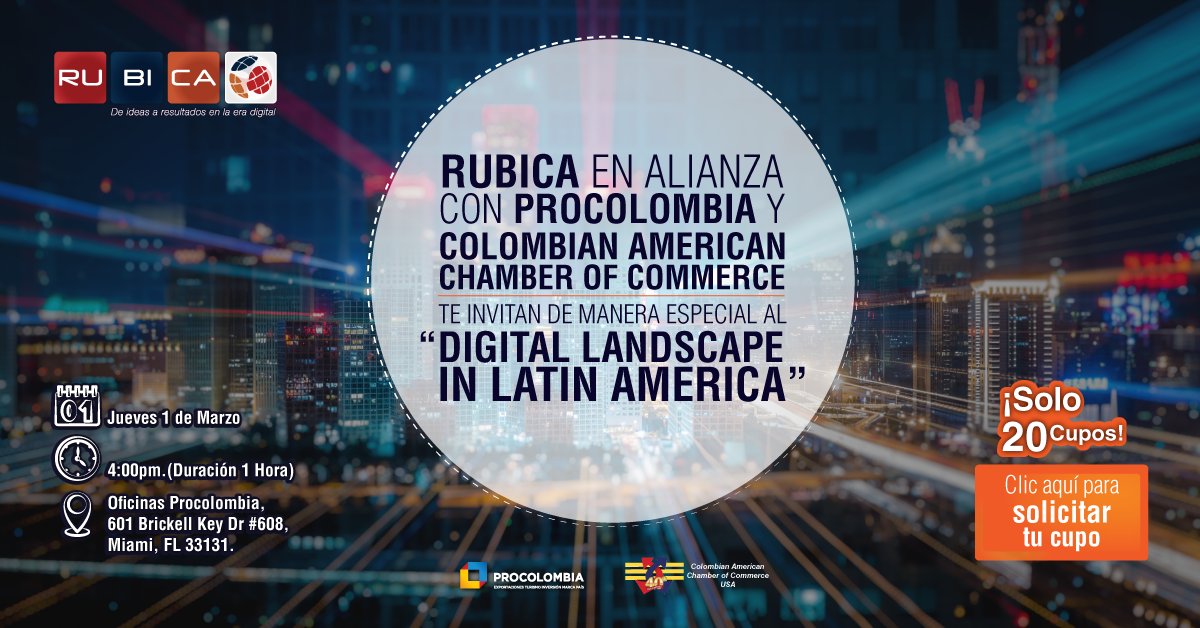 RUBICAnet's tweet photo. RUBICA te invita de manera especial al conversatorio "Digital Landscape in Latin America". Es la oportunidad ��nica de interactuar con expertos y colegas sobre el mundo digital en el mercado LATINOAMERICANO. 
Reserva tu cupo en: https://t.co/a7GBiF8Ei1
¡Te esperamos en Miami! https://t.co/G2jQw2SCNa