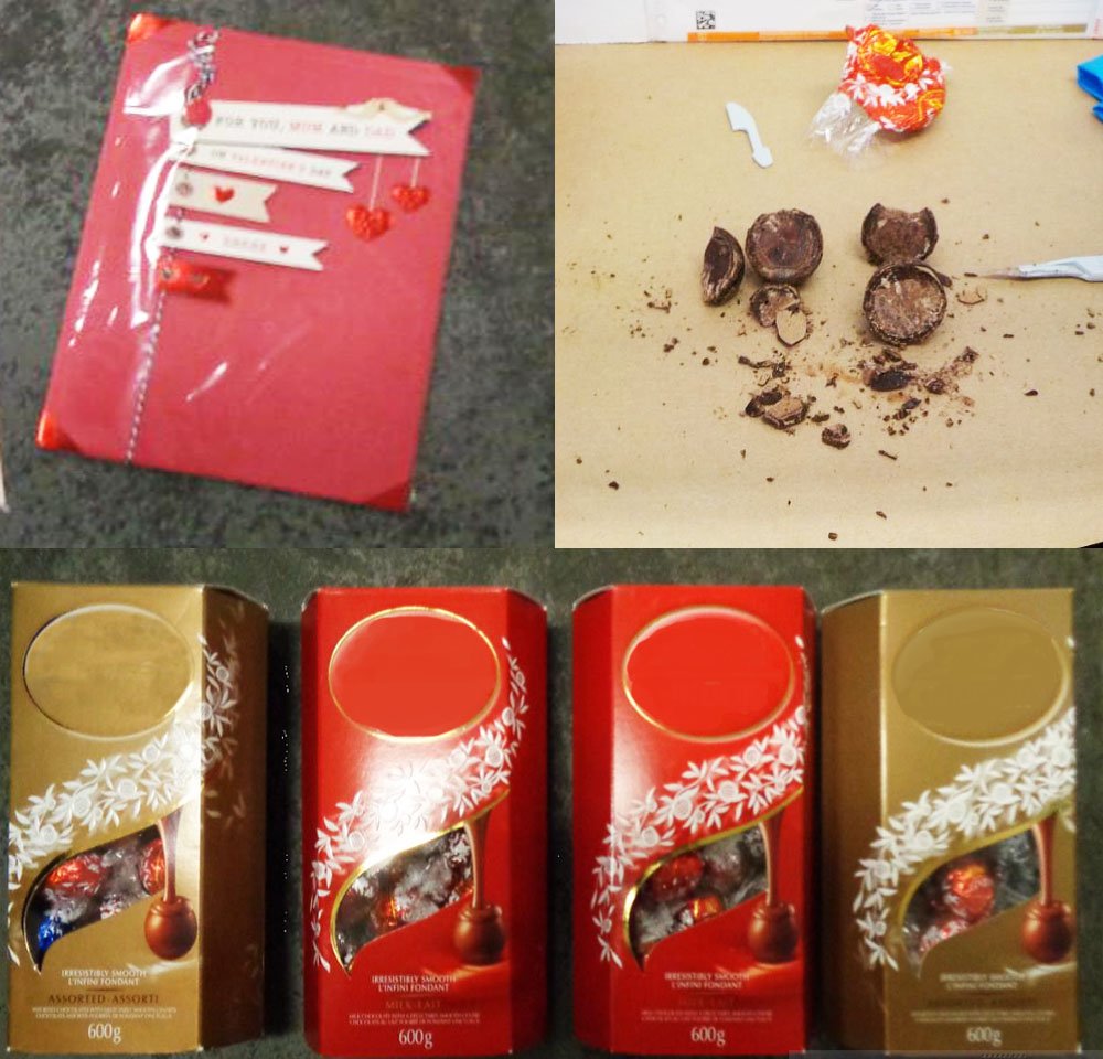 CanBorderPAC's tweet image. #FailedValentinesDay delivery: #borderservicesofficers at the #VIMC examined a shipment of #chocolates for #export and discovered they were filled with #methamphetamine. #Busted! #EverydayWereTruffling #NoChocolateForYou