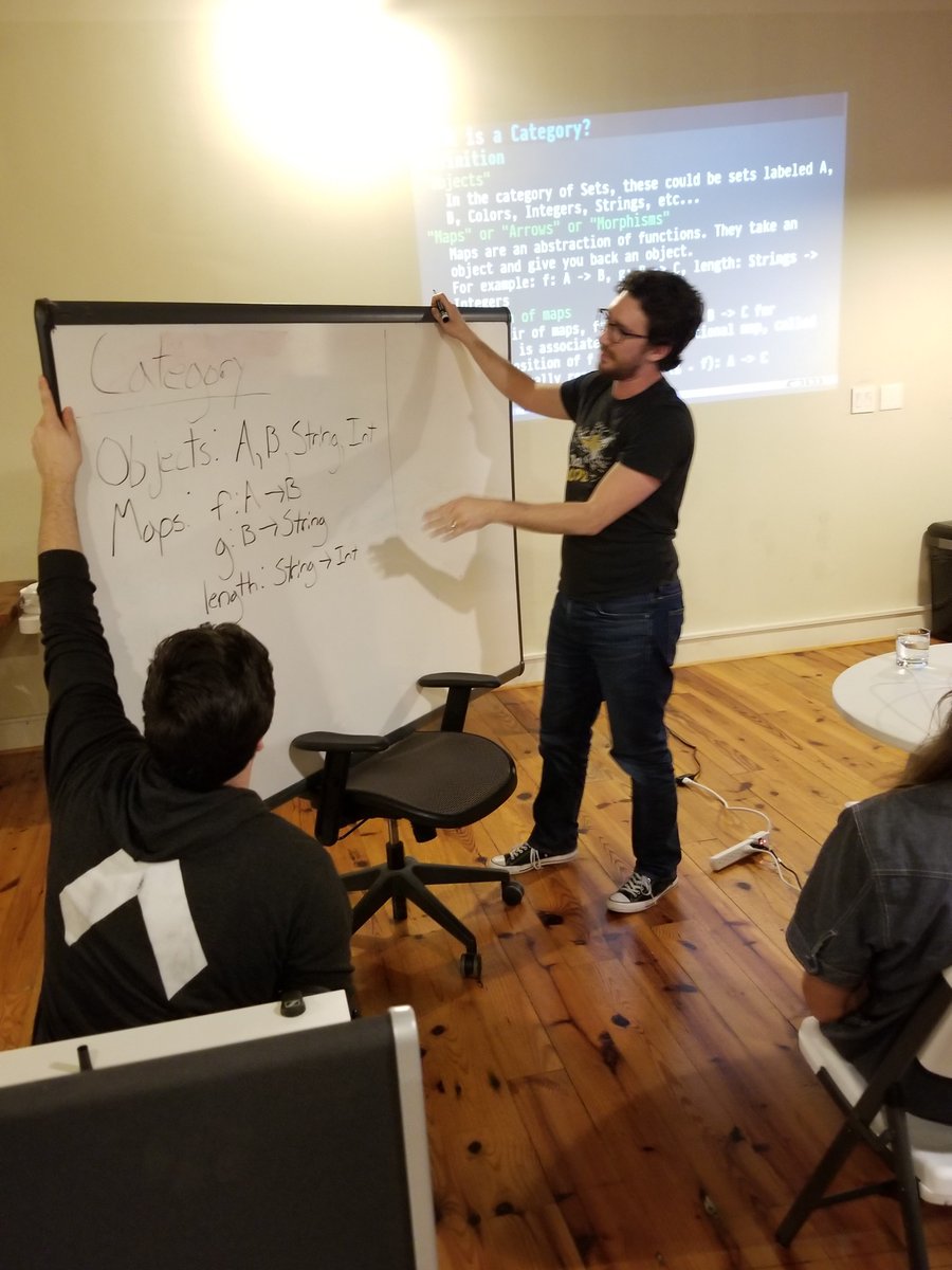 TriClojure's tweet image. At Triangle Clojure yesterday evening @jgrimes2 gave an engaging presentation on Category Theory.
A link to the slides will follow.
Thanks to @Adzerk and @Deloitte for sponsoring last night's meeting!