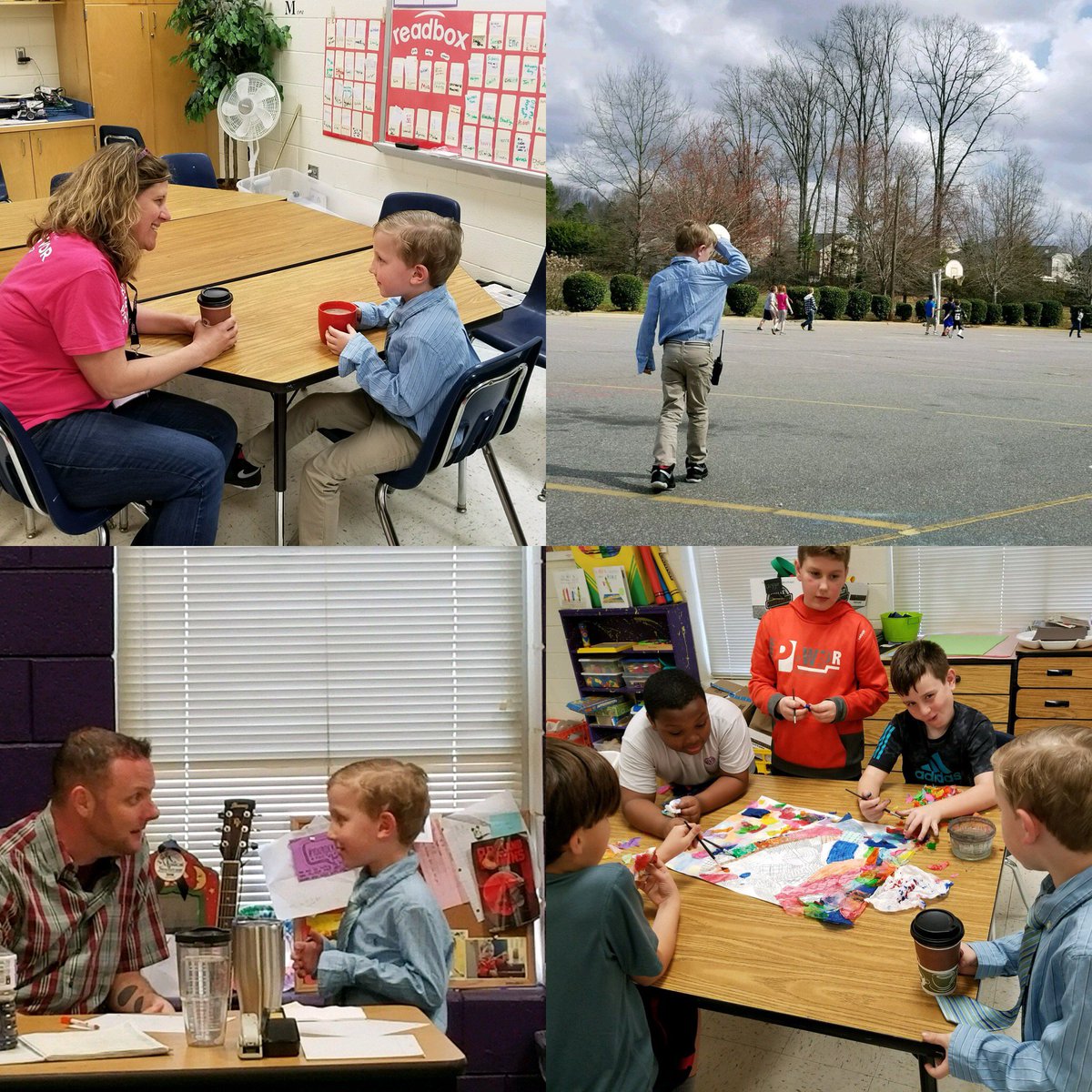 TCEeagles's tweet image. Assistant Principal for a Day winner, August, enjoying his day as a TCE administrator. Coffee with @TDMacTCE , checking in with @kevbrawley , making sure recess and classrooms were all in order! #wehadfun #administratoraugust #WeAreTCE @CharMeckSchools @NLCCMS @tce_pta