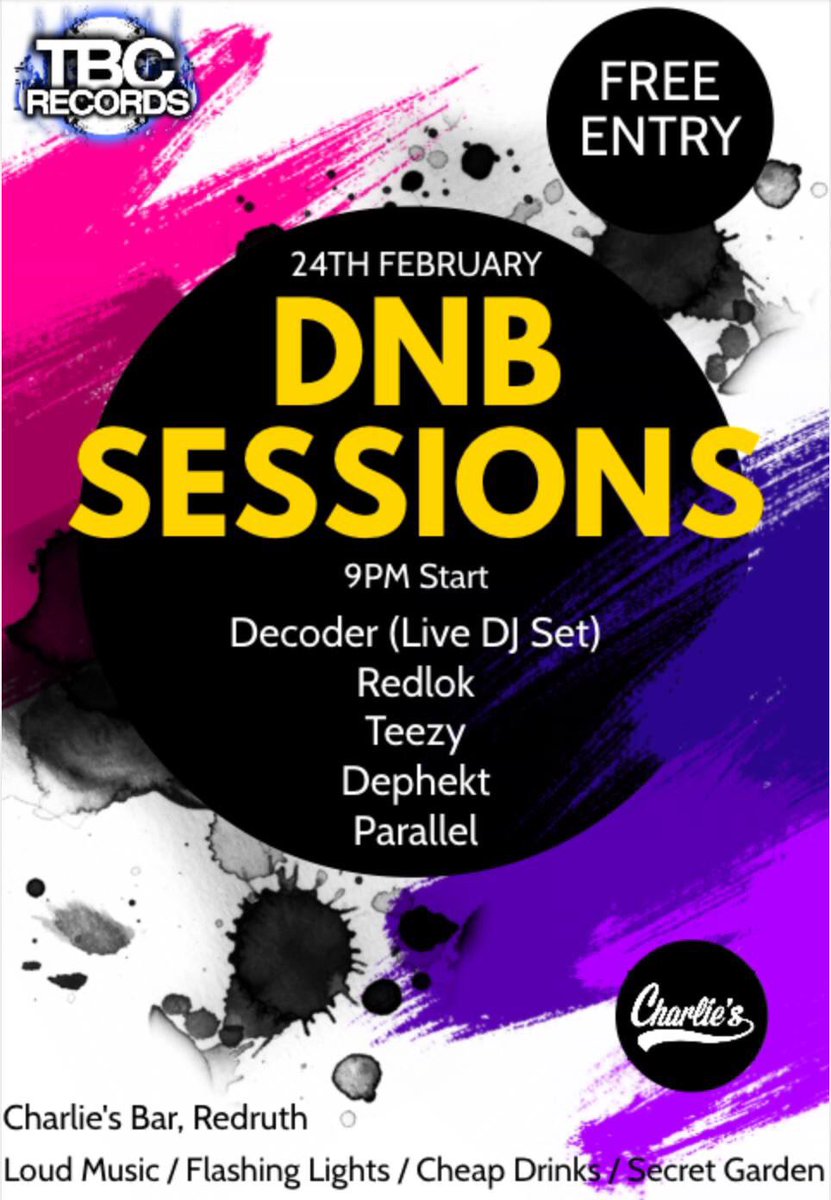 Tomorrow night we go live again at Charlie's Bar! @DephektDNB / Parallel / Teezy / Redlok / Decoder! See you on the dance floor from 9!
