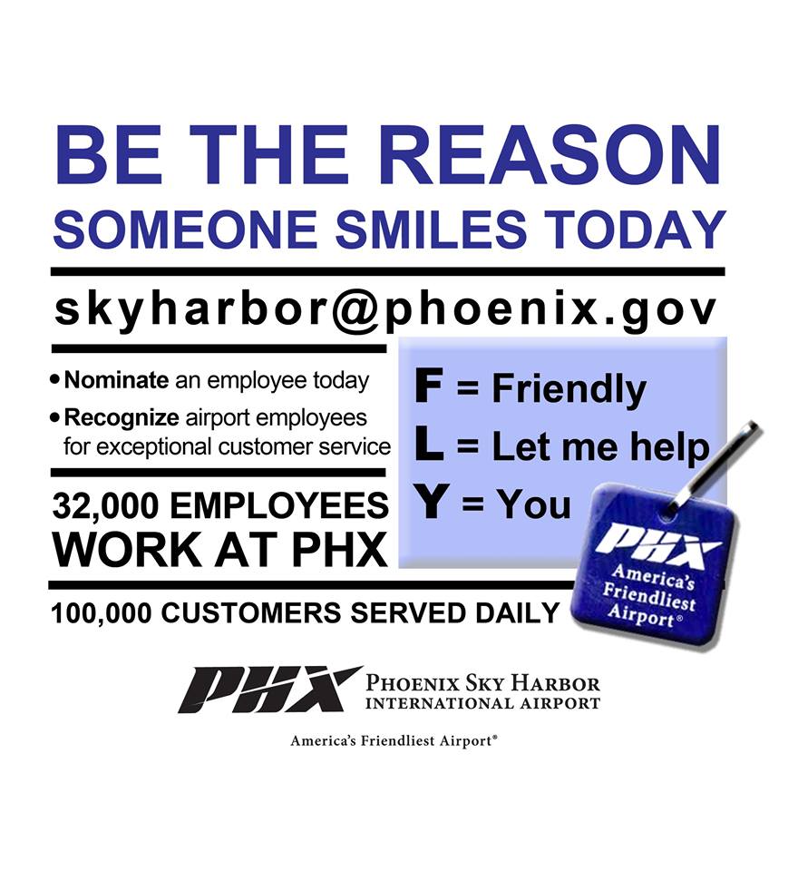 RT PHXSkyHarbor: Did you receive great customer service from a PHX Sky Harbor employee? Please share your story with us by emailing skyharborphoenix.gov. #flyPHX #OnTheFly ✈️