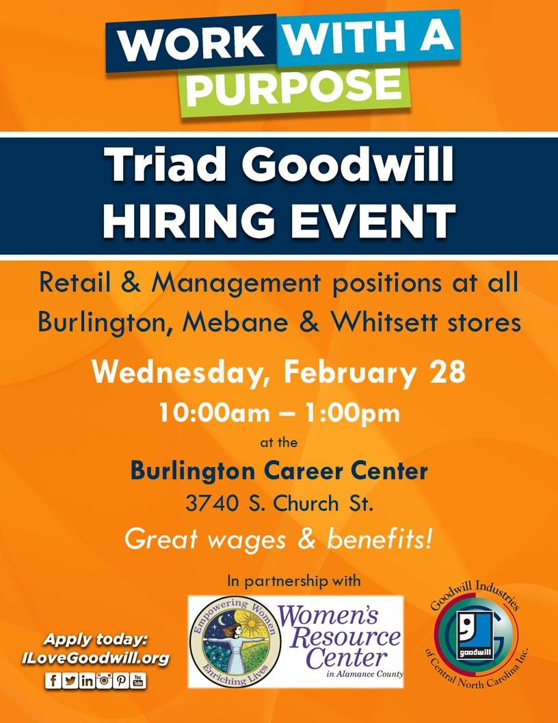 TriadGoodwill's tweet image. Be a part of the team that makes a difference in your community! We're hiring for positions in our Burlington, Mebane and Whitsett stores! Hiring event on February 28 from 10a-1p at 3740 S.  Church Street, Burlington! #GetHired #TeamGoodwill