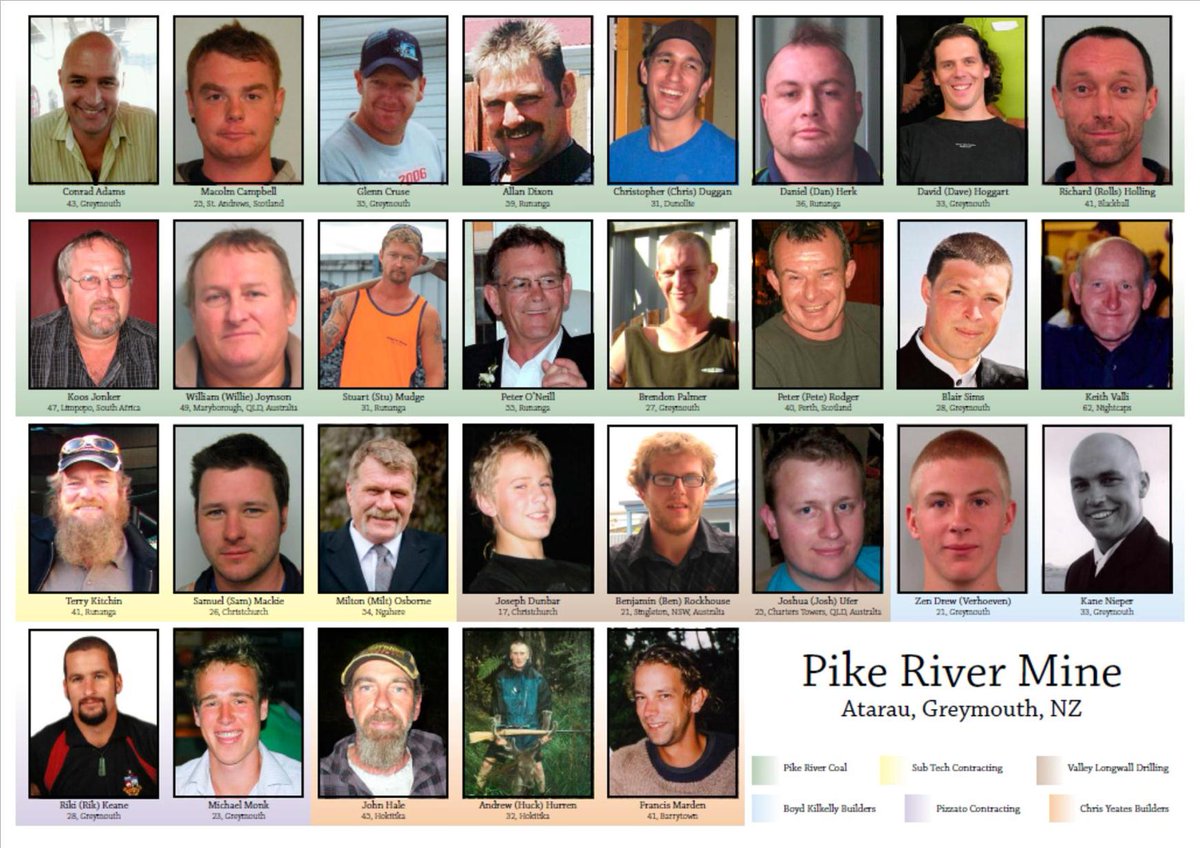 (7) Here are the 28 men (and 1 17 year old boy who was on his first day of work) who died because of regulatory failure and corporate malpractice at Pike River, NZ, on 11/19/10. We will remember them.