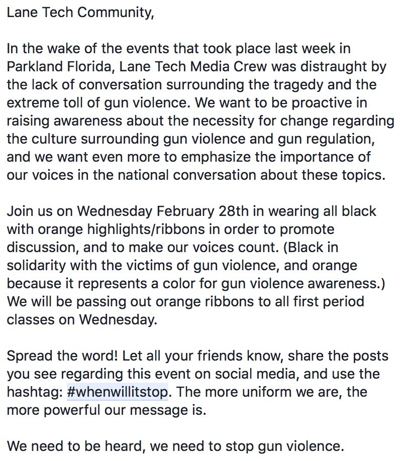 LTMediaCrew's tweet photo. We want to be proactive in raising awareness about the necessity for change regarding the culture surrounding gun violence and gun regulation, and we want even more to emphasize the importance of our voices in the national conversation about these topics. #whenwillitstop https://t.co/CygVdFCU9L