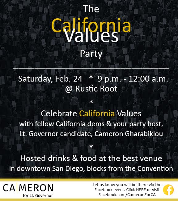 AnnaKeeve's tweet image. Save some energy for the #CaliforniaValues party on Saturday at the #CADem2018 convention via lt. gov candidate Cameron @gharabiklou facebook.com/events/3292566…