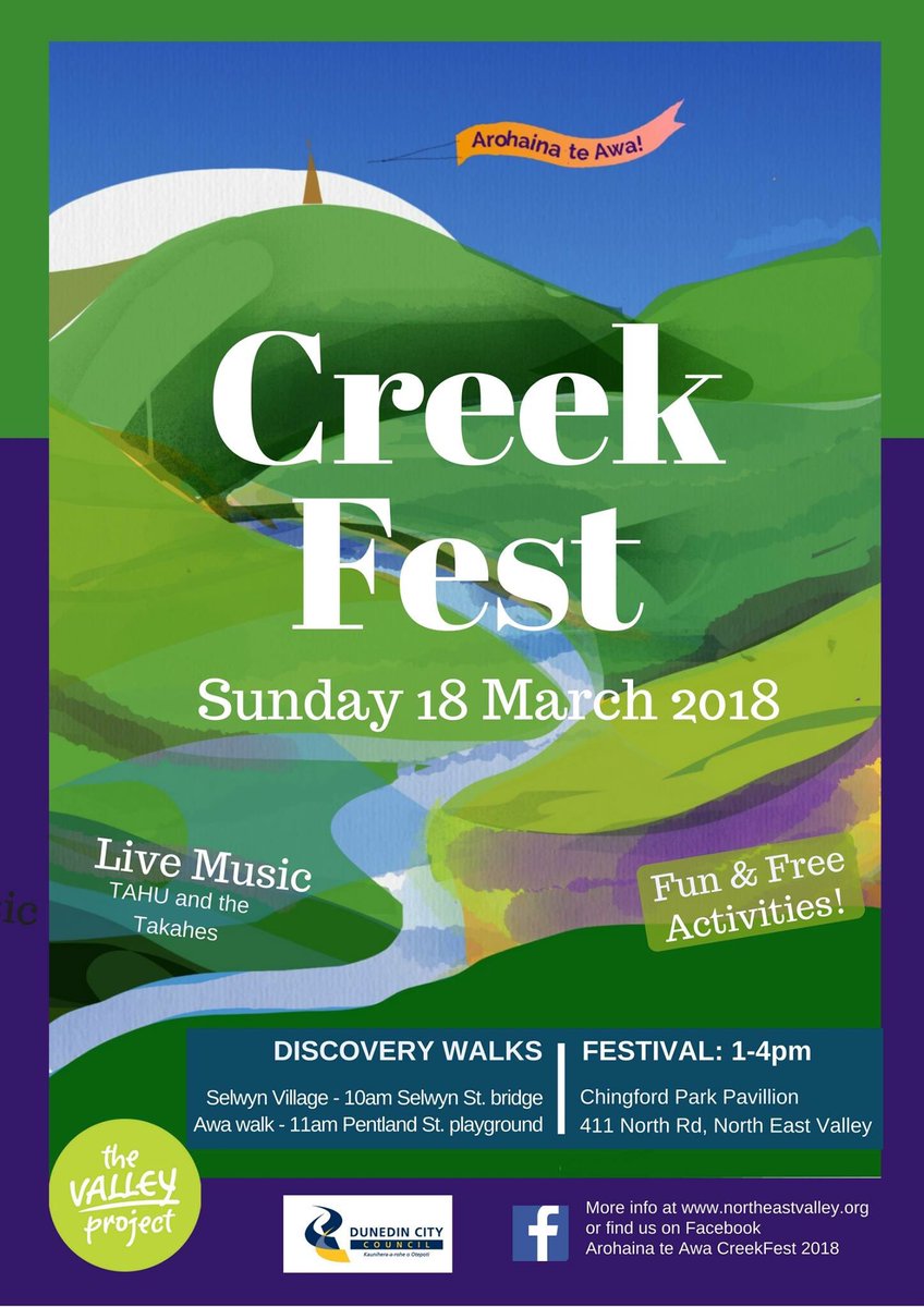 valleyproject's tweet photo. Come to Creek Fest Arohaina te Awa at Chingford Park. Music, walks and community fun times! @onindunedin #onindunedin #NEVProject #Dunedin https://t.co/2CGVhGdvGo