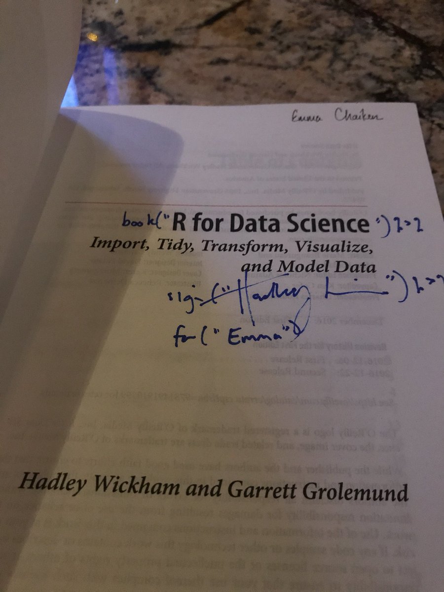 emmachaiken's tweet image. Nerdiest thing I’ve done in a while: just had @hadleywickham sign my #RforDataScience on a Friday night after hearing him lecture. Great discussion on new functionalities!
...I recognize just going to #rstats lectures on Friday night makes me a nerd, too...