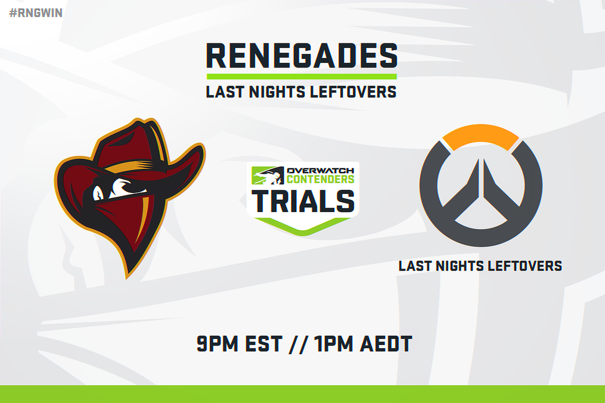 Renegades's tweet photo. It's Round 3 of the @PlayOverwatch #ContenderTrials and #RNGOW will be taking on #LastNightsLeftovers, who sit at the top of the table. Can we knock 'em down a peg? 🤔 #RNGWIN
⏰ 9pm EST // 1pm AEDT https://t.co/QvzsfRJLow
