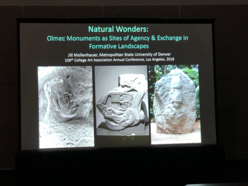 StephMStrauss's tweet photo. The final presenter of this excellent afternoon gathering is Jillian Mollenhauer of Metropolitan State University. She is connecting Olmec &amp; Olmec-style monuments to coeval rock art practices, presenting new interpretations of long-known post-carving cup &amp; groove marks #CAAA2018 https://t.co/DbYYIZPPFy