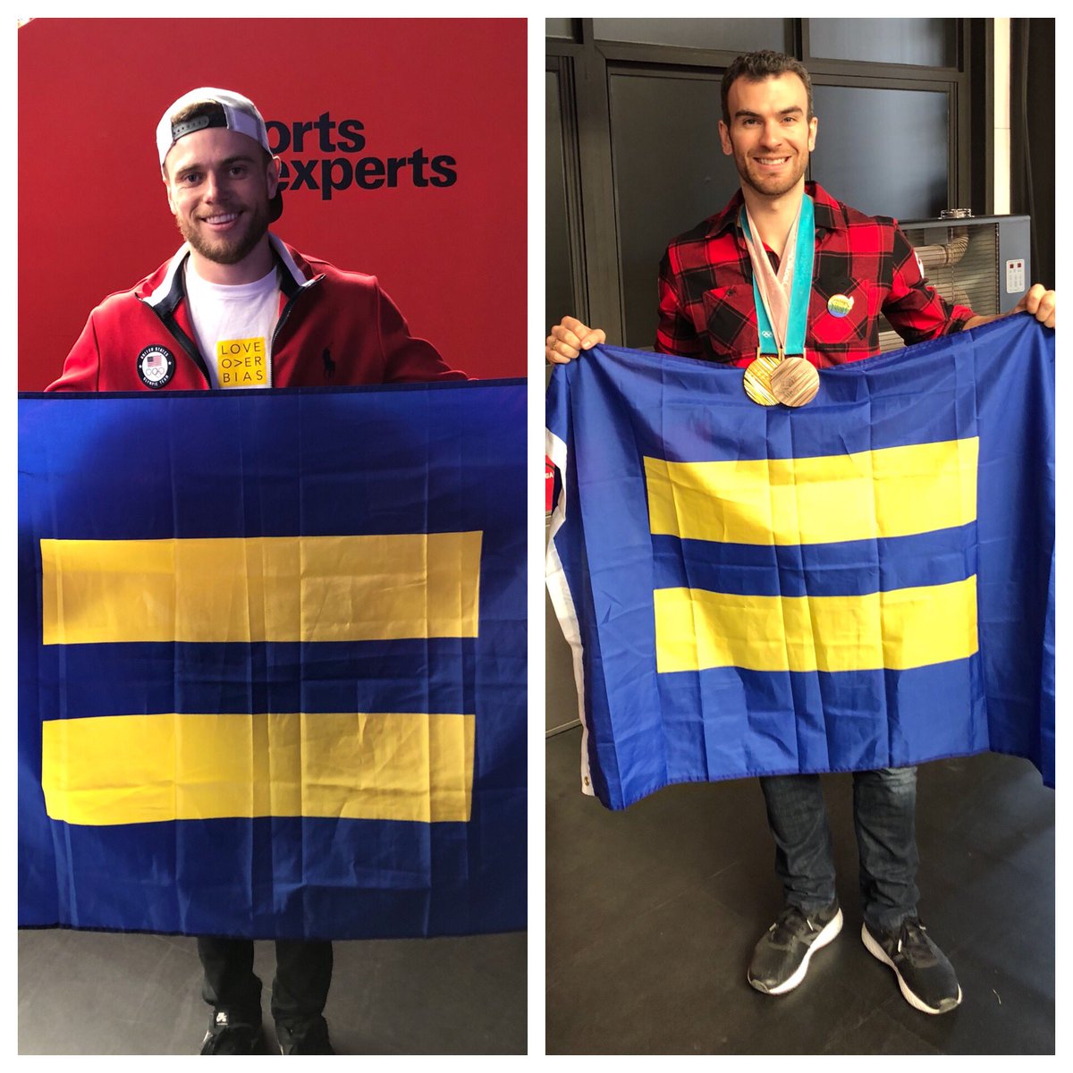 Gus Kenworthy and Eric Radford hold HRC flags.