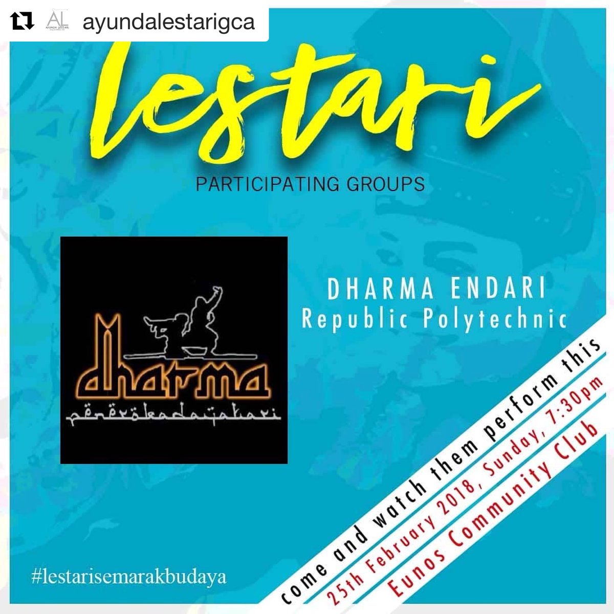 dharmaendari's tweet photo. ‘Gerak Geri Memikat Hati’ makes a return and will be performed Lestari Semarak Budaya! Catch you guys @ Eunos Community Club on the 25th of Feb! See you theree https://t.co/gZKY84UDhs