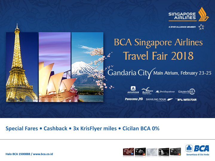 KartuKreditBCA's tweet photo. Belum ke #BCASQTravelFair di Main Atrium Gandaria City? Ayo segera dapatkan berbagai penawaran menarik #BCATravel hanya dengan @KartuKreditBCA. 

Kunjungi https://t.co/cmro4qL5IQ https://t.co/ZgZMdEZS3W