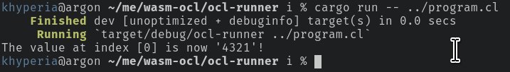 khyperia's tweet image. Current status: running Rust on the GPU via wasm->opencl!
Steps: Compile test-app into wasm, use my "wasm-ocl" I've been writing to translate wasm into opencl, then use a little ocl-runner app to execute the kernel.