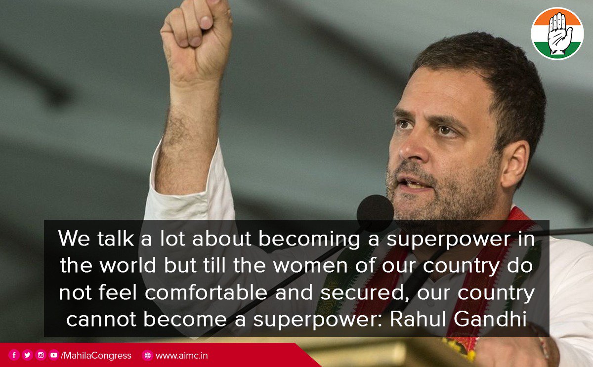 MahilaCongress's tweet photo. We talk a lot about becoming a superpower in the world but till the women of our country do not feel comfortable and secured, our country cannot become a superpower:- @OfficeOfRG
#NammaShakthiStreeShakthi https://t.co/WeLQVNtToW