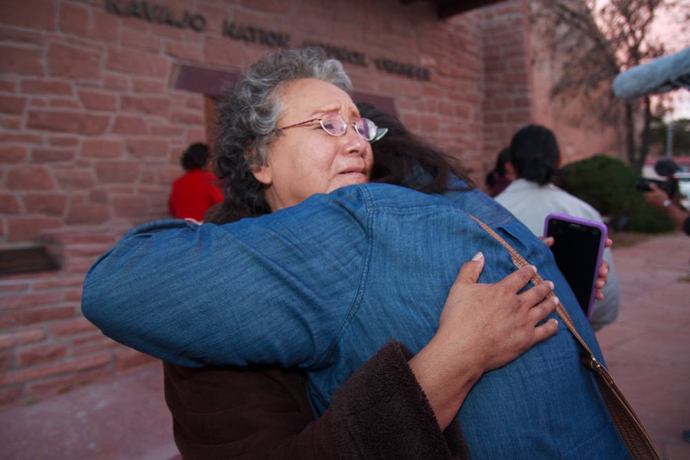 dshortey's tweet photo. Rita Bilagody embraces another special session attendee in relief after the defeat of the #GrandCanyon Escalade legislation outside the #Navajo Nation Council Chamber on Oct. 31st 2017. #NativeAmerican #FirstNations #INDIGENOUS #Arizona https://t.co/LbAYPEjaP0