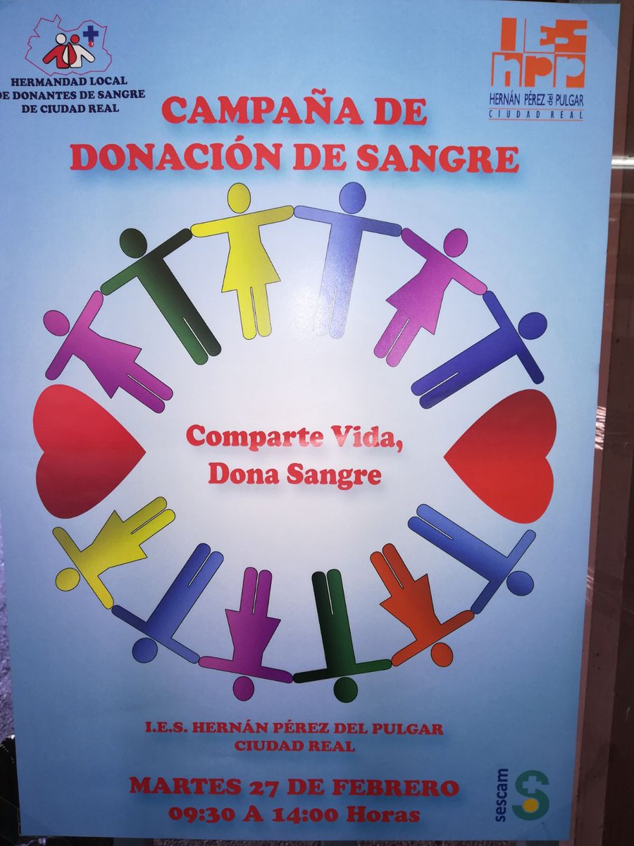 Martes 27 de febrero, campaña de donación de sangre, DONA SANGRE, DONA VIDA,
Os esperamos en el IES Hernán Pérez del Pulgar
<a href="/educajccm/">Educación C-LM</a> @FelpetoCLM #Solidaridad