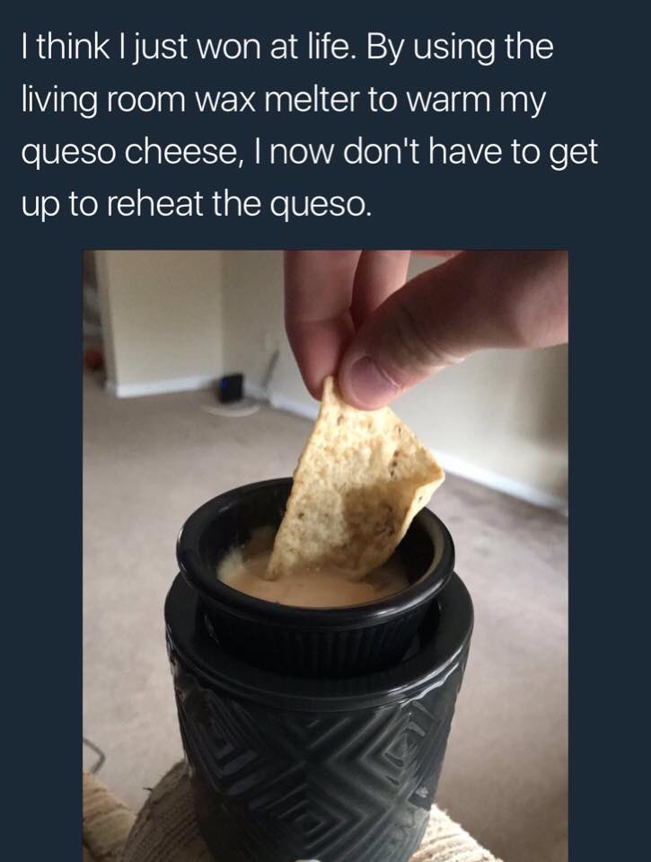 I saw this and immediately thought of you <a href="/JonAcuff/">Jon Acuff</a> !! 🧀🔥 Hahaha #QuesoIsLife #LifeHacksFTW #YummyYummyBoBummy
