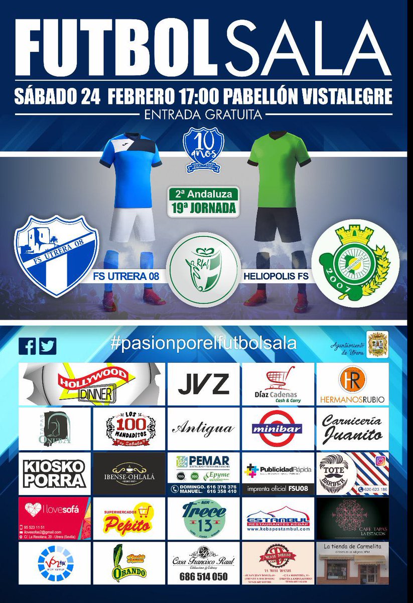 Buenos días Utrera! Hoy recibimos en Vistalegre a <a href="/HeliopolisFS/">Cerve. Huracan HFS</a> . Os esperamos a todos para  disfrutar de una buena tarde de fútbol ssla. 

#pasionporelfutbolsala 💙⚽💙
