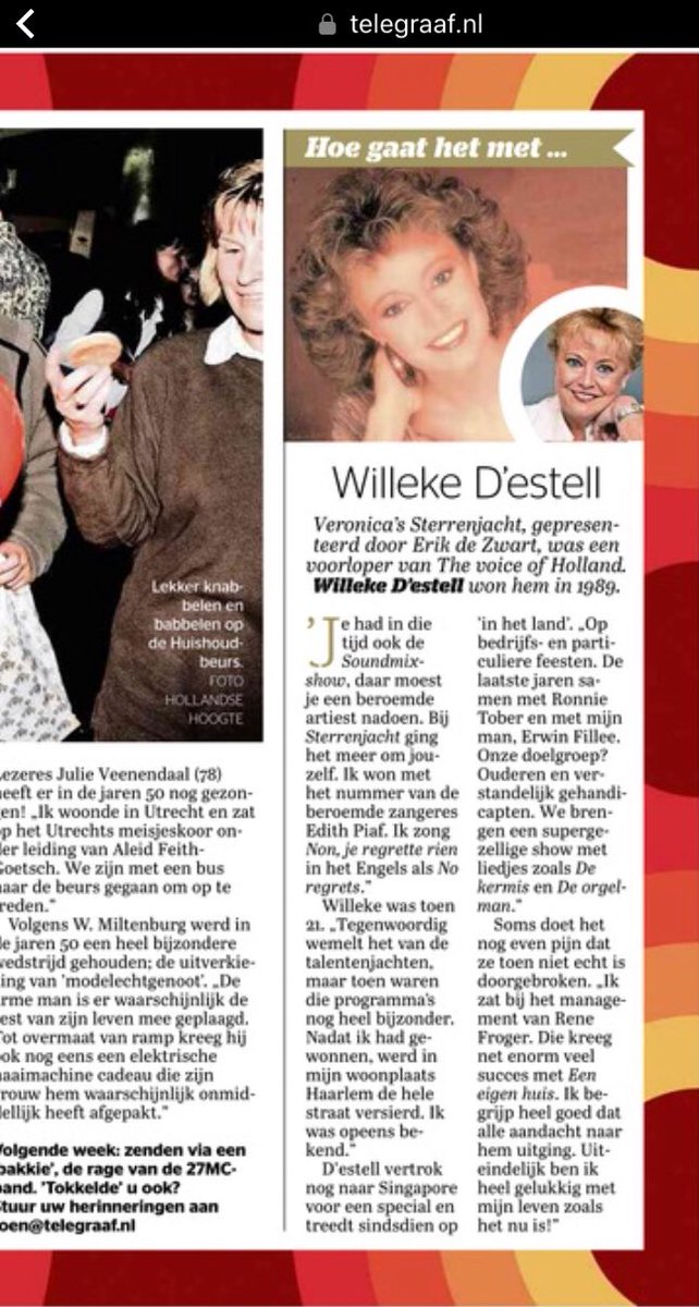 Vandaag <a href="/telegraaf/">De Telegraaf</a> bijlage vrij <a href="/WillekeDestell/">Willeke D'estell</a>