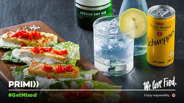 PRIMIworld's tweet photo. Here’s an idea. Grilled halloumi topped with piquanté peppers, served on baby cos lettuce + a glass of @TanquerayZA and Tonic. Create your own combos with our Spuntini range. We do delish. #GetMixed: https://t.co/03nHXlnJv3 https://t.co/8rXBw8Ptr0