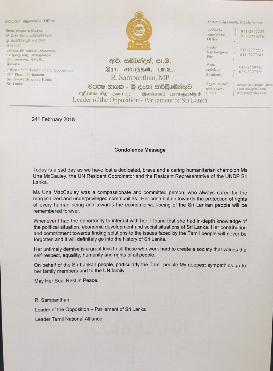 Sampanthan (@r_sampanthan) on Twitter photo Today is a sad day as we have lost a dedicated, brave and a caring humanitarian champion <a href="/unamccauley/">Una McCauley</a> <a href="/UNSriLanka/">UN in Sri Lanka</a> Resident Coordinator and the Resident Representative of the <a href="/UNDPSriLanka/">UNDP in Sri Lanka</a> Today is a sad day as we have lost a dedicated, brave and a caring humanitarian champion <a href="/unamccauley/">Una McCauley</a> <a href="/UNSriLanka/">UN in Sri Lanka</a> Resident Coordinator and the Resident Representative of the <a href="/UNDPSriLanka/">UNDP in Sri Lanka</a>