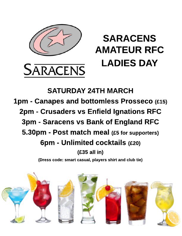 SaracensARFC's tweet photo. Exciting times at SARFC with Ladies day just around the corner. The Saracens host @BOERFC &amp; the Crusades welcome @EIRFCDodo to Bramley Road on 24th of March. Bring friends and family for a day of canapés and Prosecco, @VrekoCatering food and @hirethebarman cocktails to finish! https://t.co/ZWPCiPfp5H