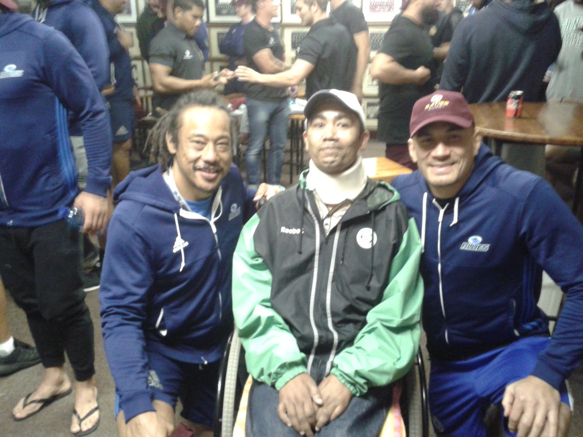 DavidSkipster's tweet photo. Yesterday my friend John van Dyk passed away after a brave battle against Motor Neuron Disease. RIP brother. So glad he could meet his heroes, @tanaumaga and @SonnyBWilliams when the @BluesRugbyTeam played in Cape Town last year. https://t.co/qNnmY48gZt