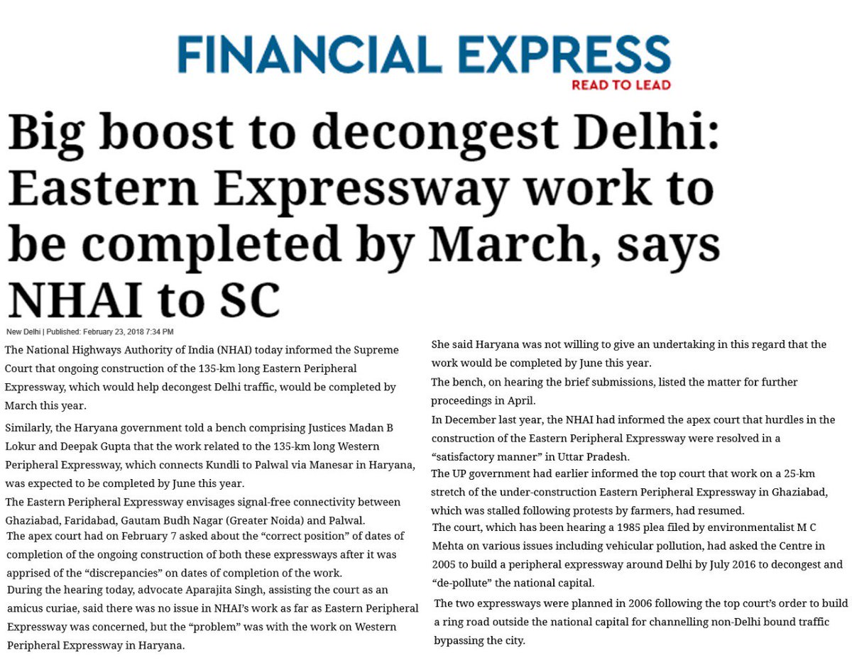 TDIInfratech's tweet photo. The National Highways Authority of India (NHAI) informs Supreme Court that the ongoing #construction of the 135 Kms long Eastern Peripheral #Expressway would be completed by March this year. The Expressway will connect #Kundli to Paliwal via Manesar in #Haryana https://t.co/HoBpgD0dqb
