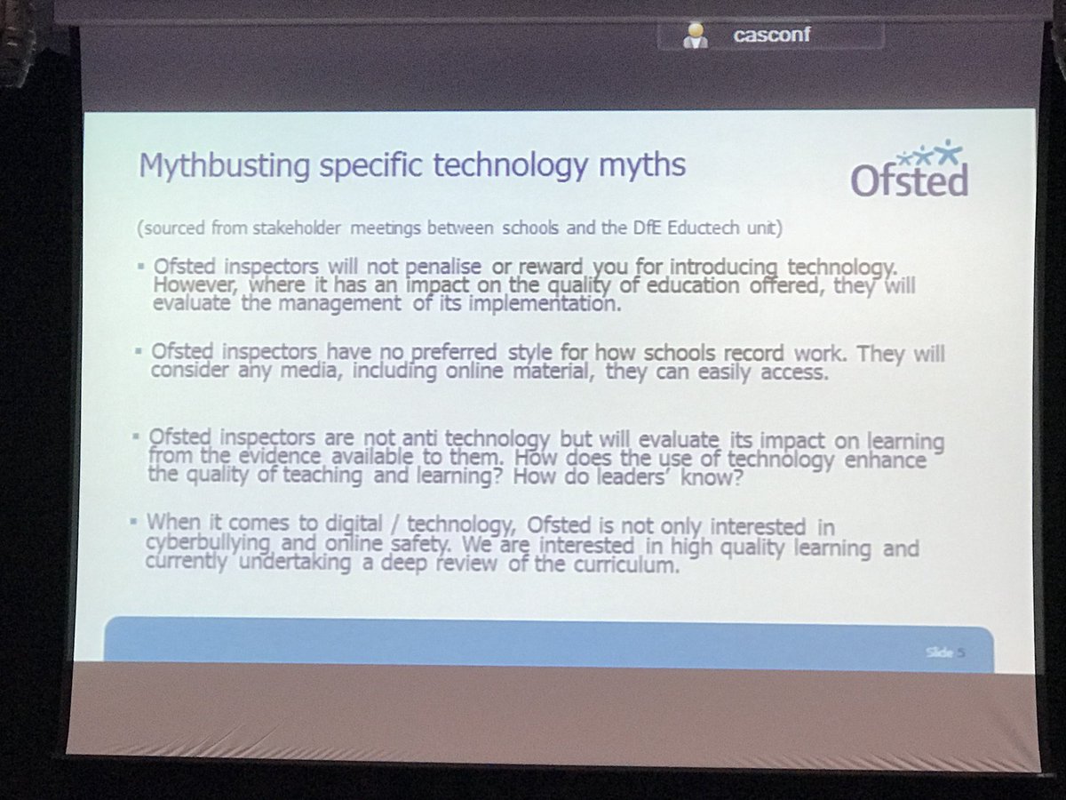 #Ofsted will not penalise you for using technology, but will want to see the impact. You need to know if your implementation is working, are you measuring the impact on learning, how do you know if it’s successful? #casconf18