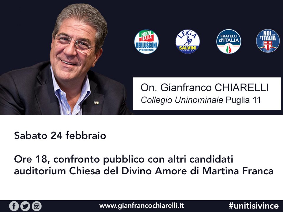 Vi invito a partecipare numerosi e vi aspetto oggi pomeriggio.
#MartinaFranca #ElezioniPolitiche2018