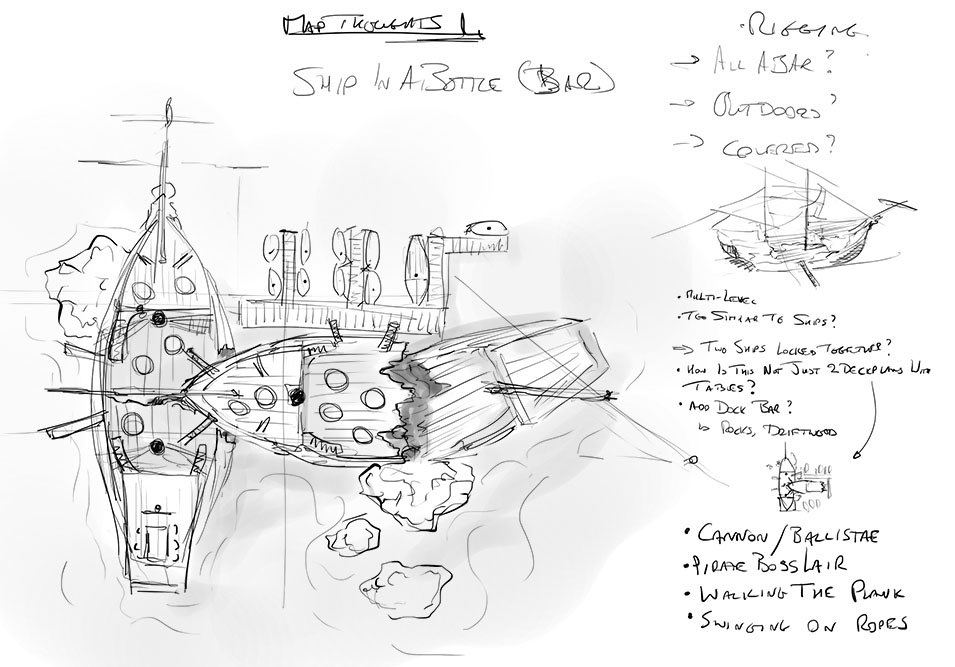 Fantasticmaps's tweet photo. A shipwreck bar. It’s an idea I’ve been playing with for a while - as an iconic pirate/mob boss lair. And the bar fight scene is fun - with swinging on ropes, canons, and falling in the sea. And rum. Lots of flaming rum. #dnd https://t.co/qoJ341zUpe
