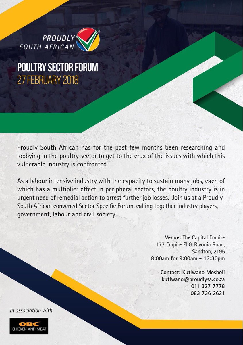 ProudlySA's tweet photo. Thousands of workers have lost their jobs in the poultry industry. What’s going on? 

Add your voice to discussions at the Proudly SA #PoultrySectorForum, as we seek to find solutions to the challenges the industry faces.

RSVP: kutlwano@proudlysa.co.za or call 011 327 7778 https://t.co/77Dek3lV6i