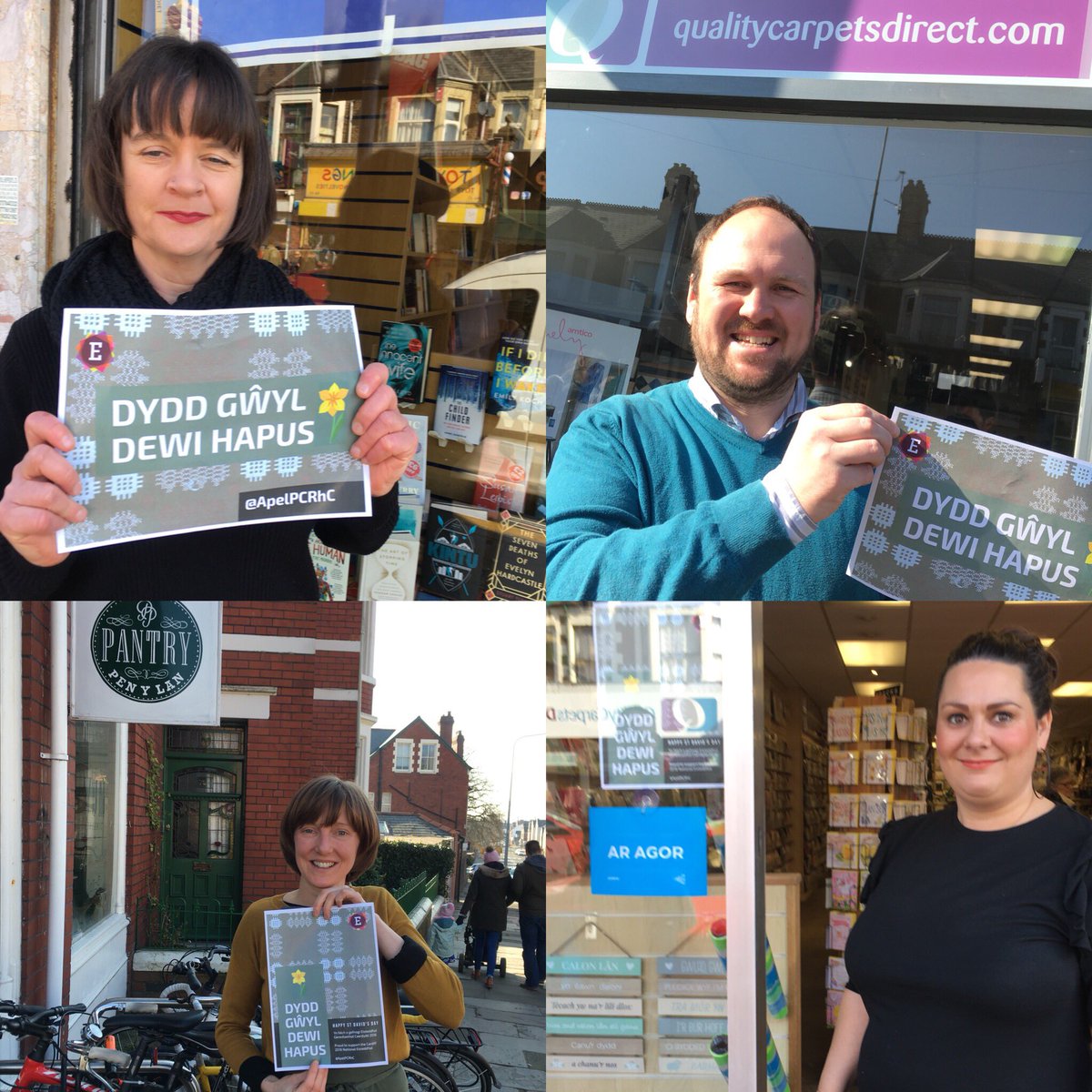 Mae’n bleser cael busnesau yn Wellfield Road a Phenylan am ymuno â ni i ddweud #DyddGŵylDewiHapus - rydym wrth ein bodd gyda’r posteri ac arwyddion Newydd yn y siopau <a href="/WellfieldBooks1/">Wellfield Bookshop</a> <a href="/quality_carpets/">QualityCarpetsDirect</a> <a href="/PenylanPantry/">Penylan Pantry</a> &amp; <a href="/paperweightdiff/">Paperweight Cardiff</a> | 🙏 for supporting #steddfod18