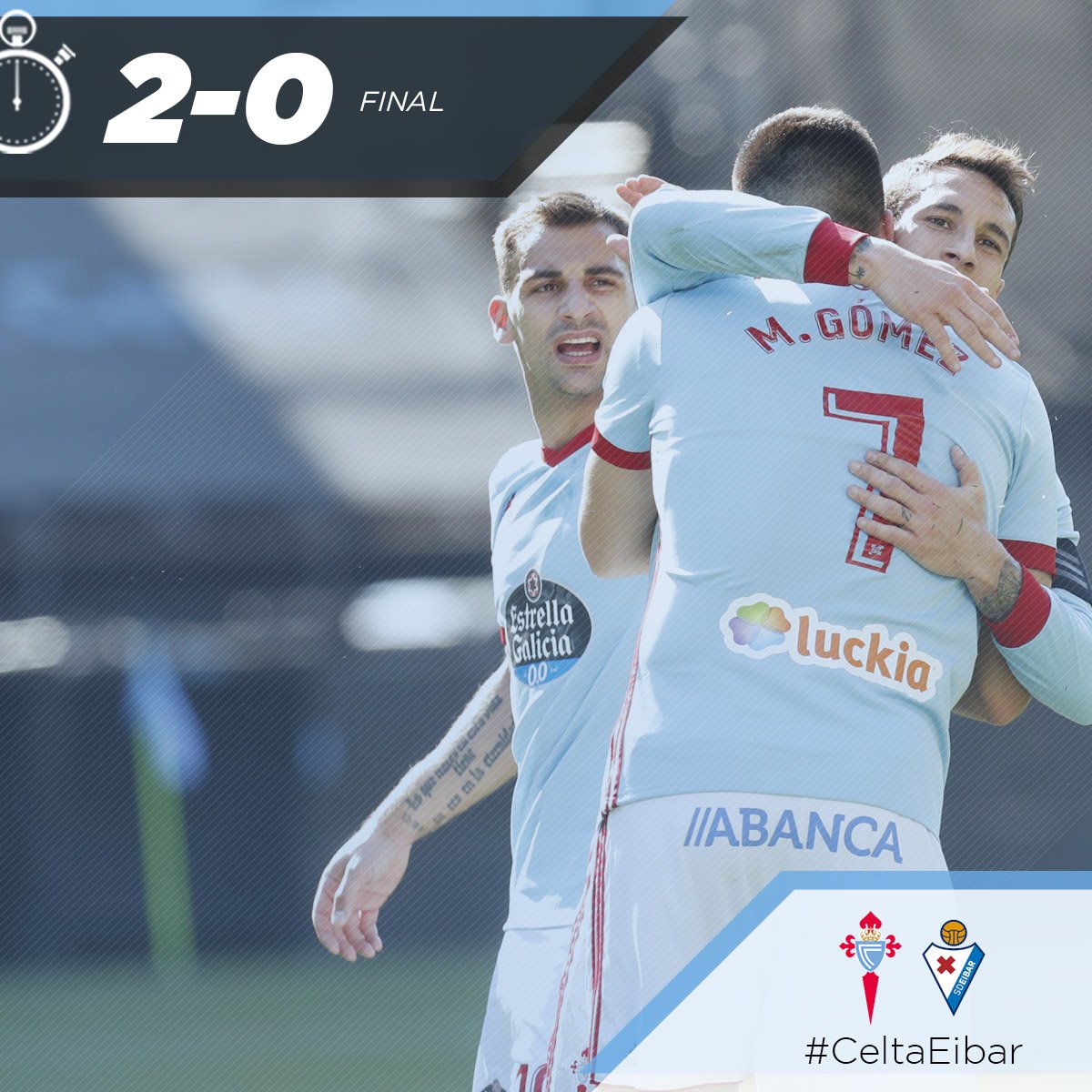 RCCelta's tweet photo. ¡FINAL! 🙌 ¡Gran victoria celeste para seguir soñando! La pareja goleadora Aspas-Maxi continúa imparable. ¡Halaaaaa Celtaaaa!

2-0 #CeltaEibar https://t.co/yjQdOzg87l